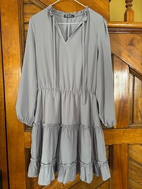 Gray Tiered Long Sleeve V-Neck Dress